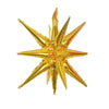 A golden star burst foil balloon with sharp points, used for party decor.