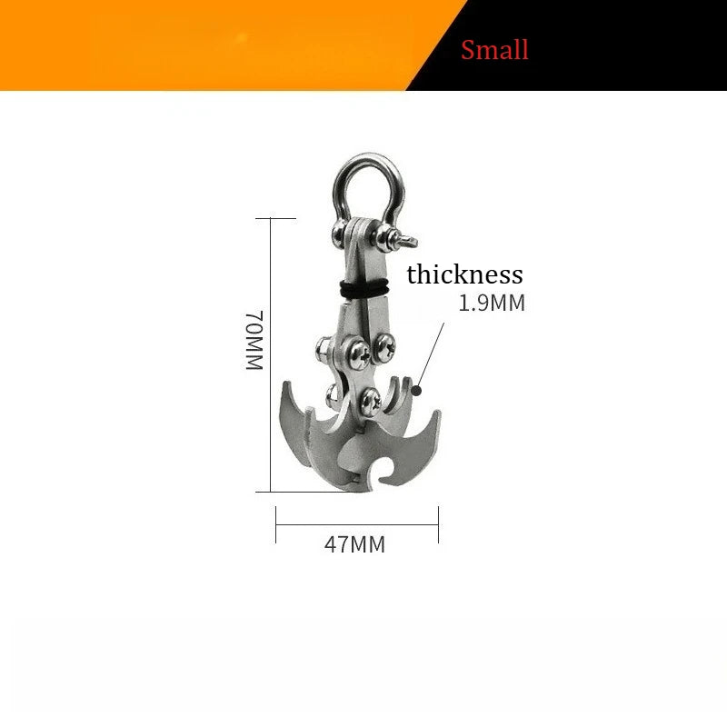 A small heavy duty stainless steel gravity hook multi-tool with a 1.9mm thickness.