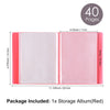 A pink storage album with 40 pages is shown, featuring a clear cover and red accents.