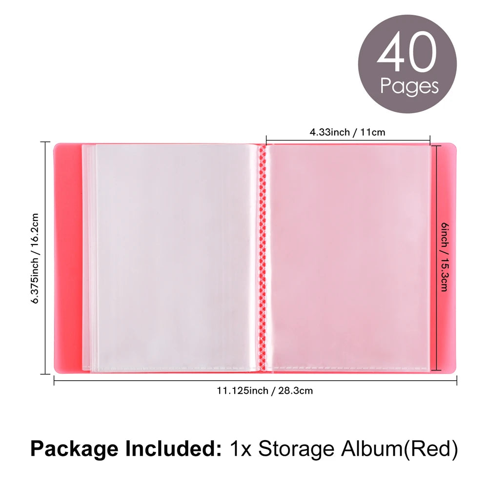 A pink storage album with 40 pages is shown, featuring a clear cover and red accents.