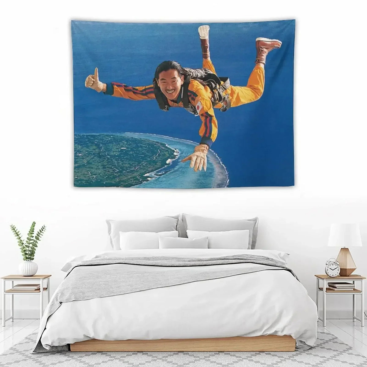 A vibrant tapestry featuring a man with long hair celebrating, set against a blue ocean background.