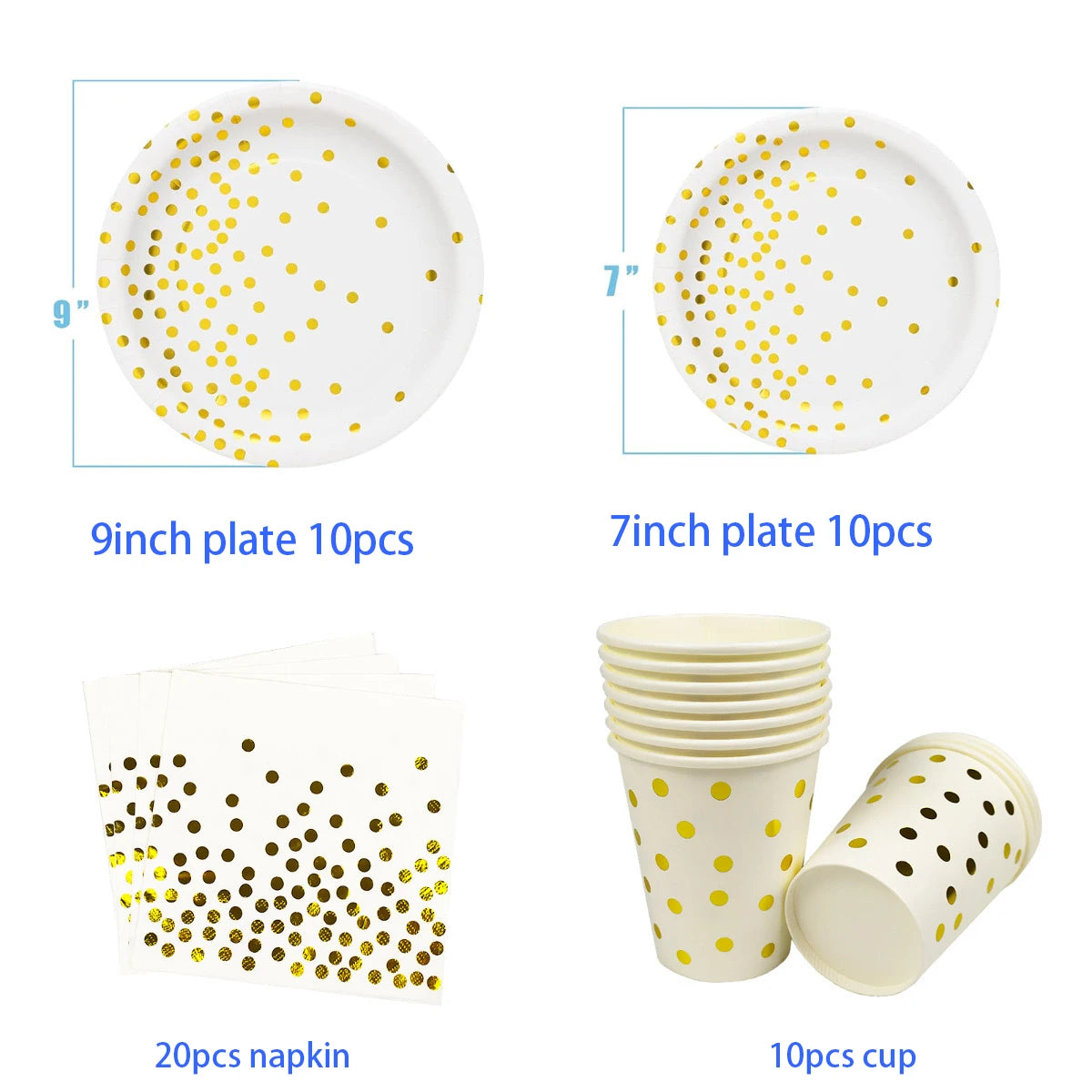 A set of white and gold disposable party tableware including 9 inch plates, 7 inch plates, napkin, and cups.
