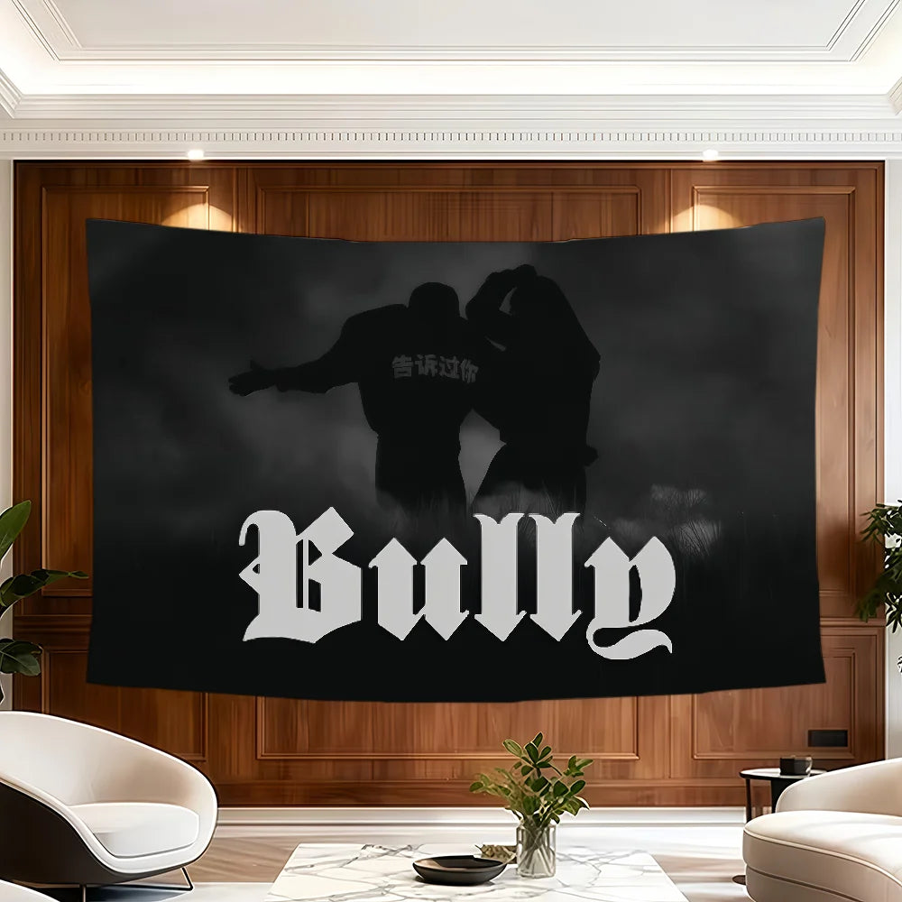 A black banner featuring the word BULLY in white stylized font displayed on a wooden wall.
