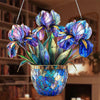 Acrylic floral pendant wall decor featuring vibrant blue and purple iris flowers with a gold rim