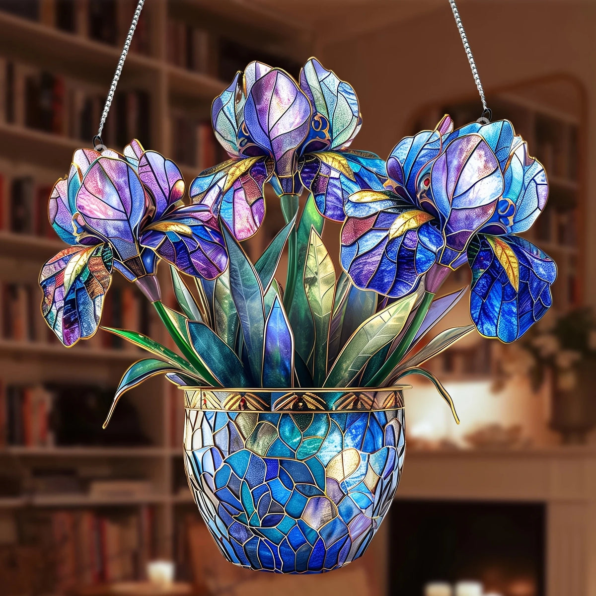 Acrylic floral pendant wall decor featuring vibrant blue and purple iris flowers with a gold rim