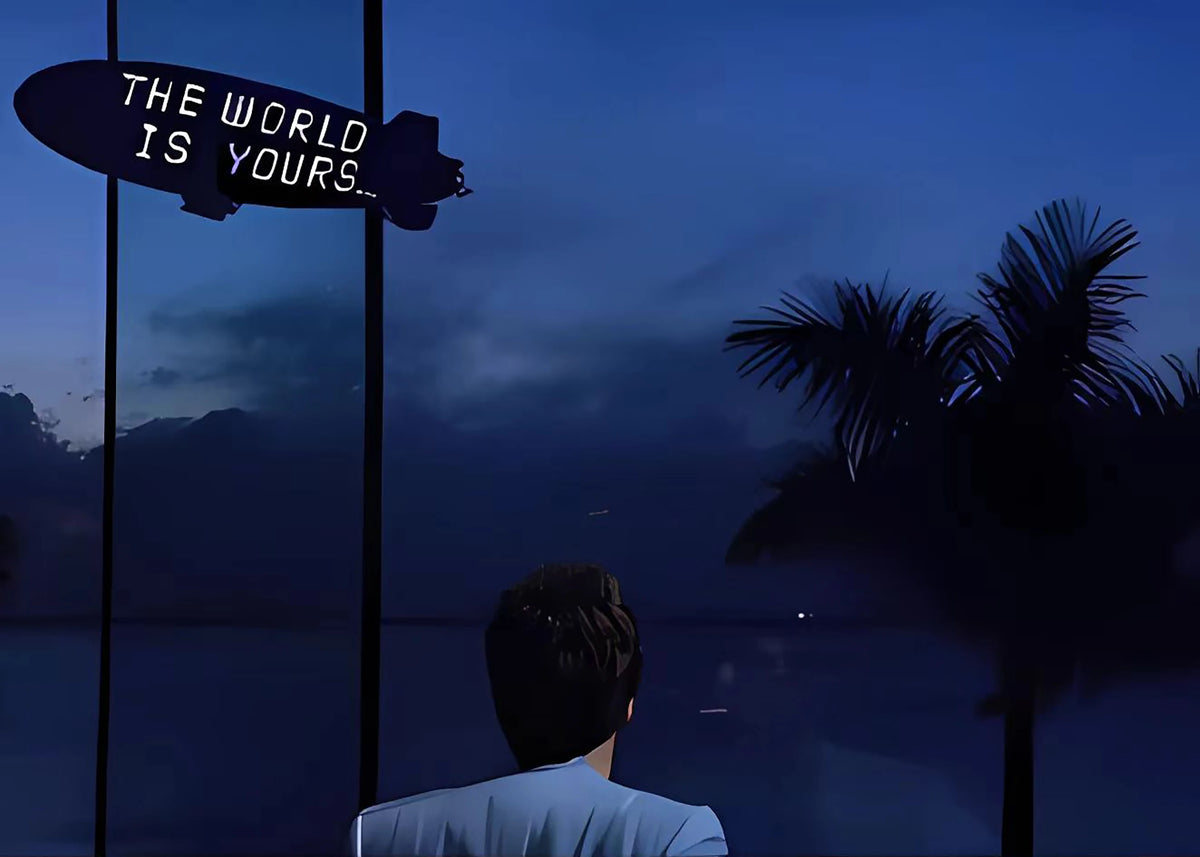 A silhouette of a person looking out over water with a sign that reads The world is yours on a dark sky background.