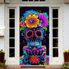 A door cover featuring a vibrant sugar skull design with colorful flowers and papel picado details.