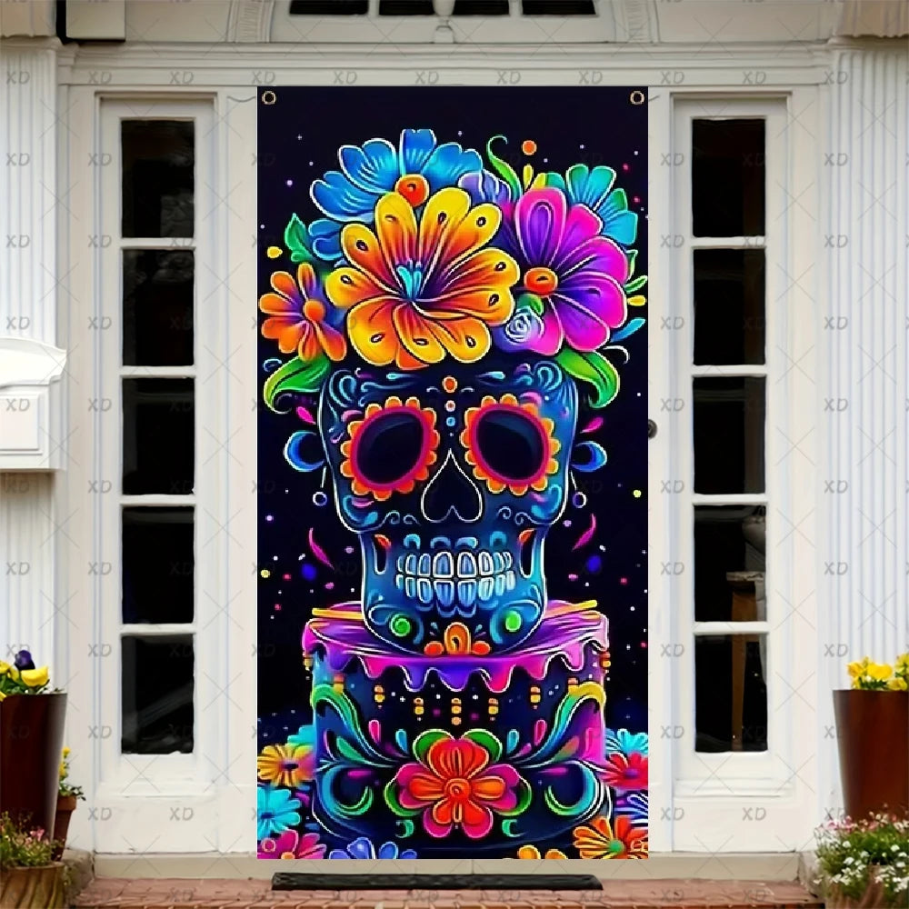 A door cover featuring a vibrant sugar skull design with colorful flowers and papel picado details.
