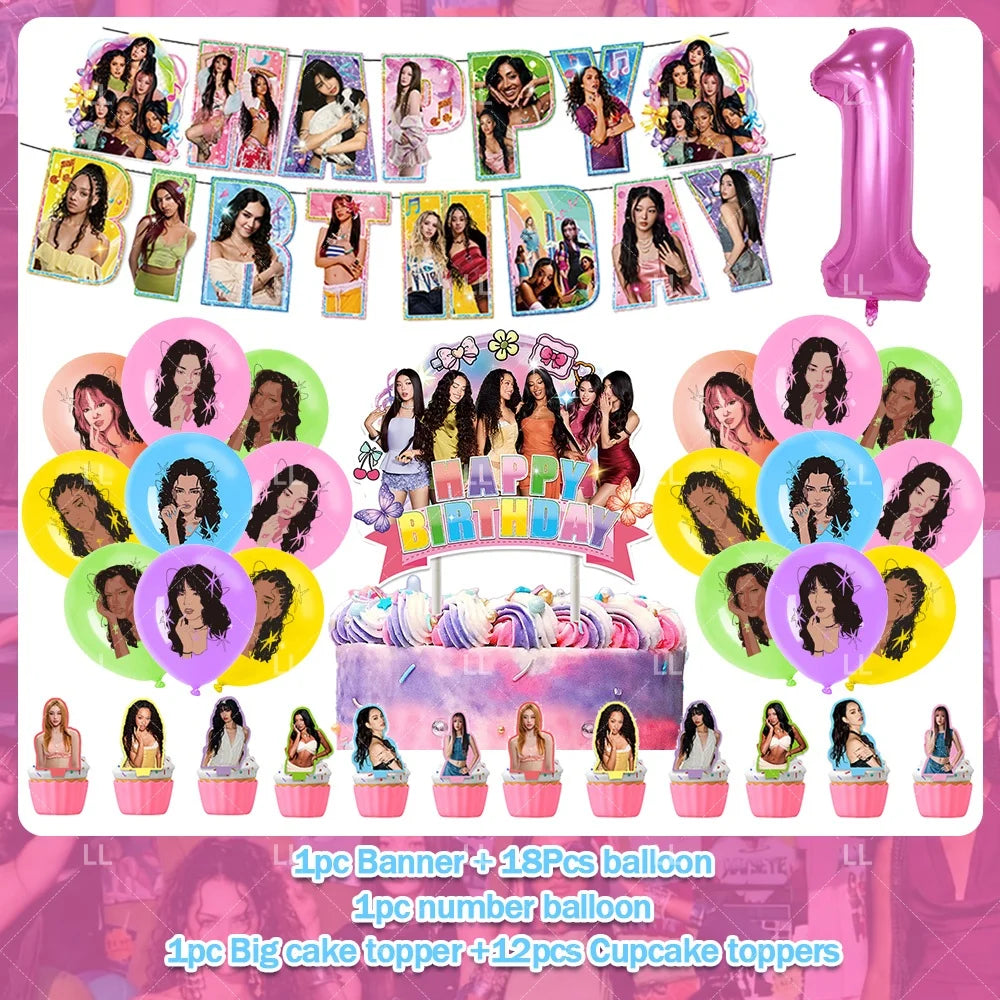 K-pop inspired birthday party decoration set featuring balloons, a backdrop, and cake toppers.
