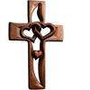 A rustic wooden wall cross design featuring intertwined heart shapes.
