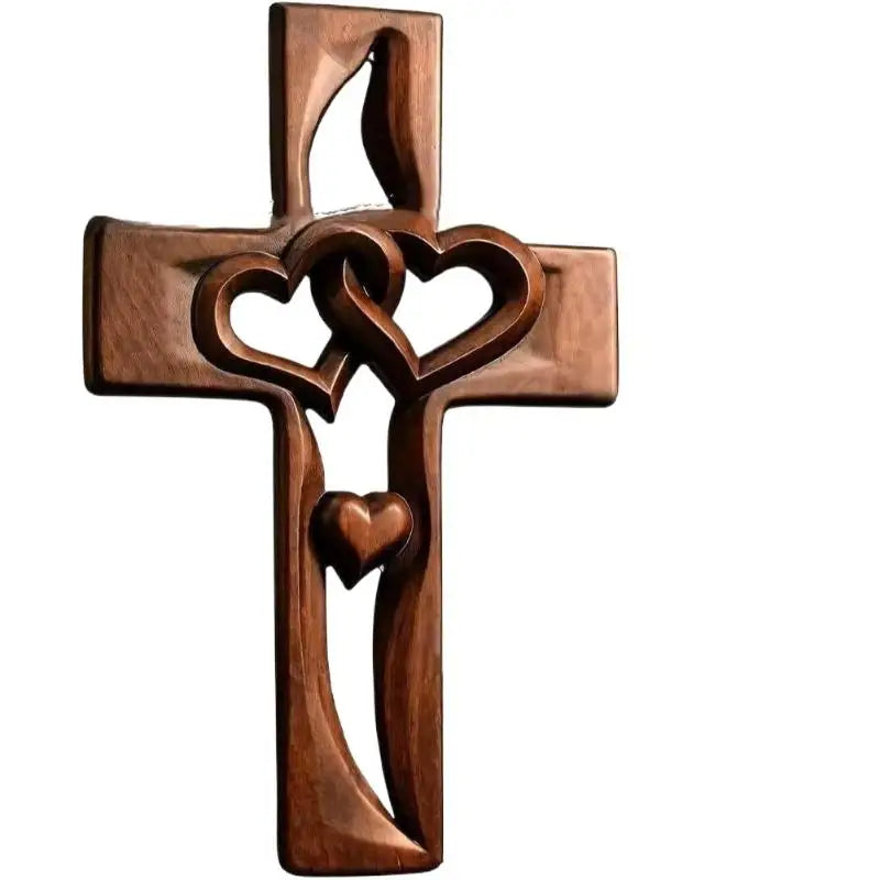 A rustic wooden wall cross design featuring intertwined heart shapes.