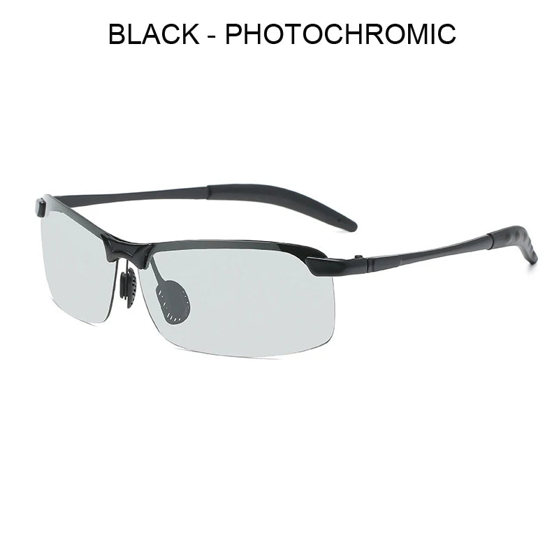 Black photochromic sunglasses with an alloy frame shown against a white background.