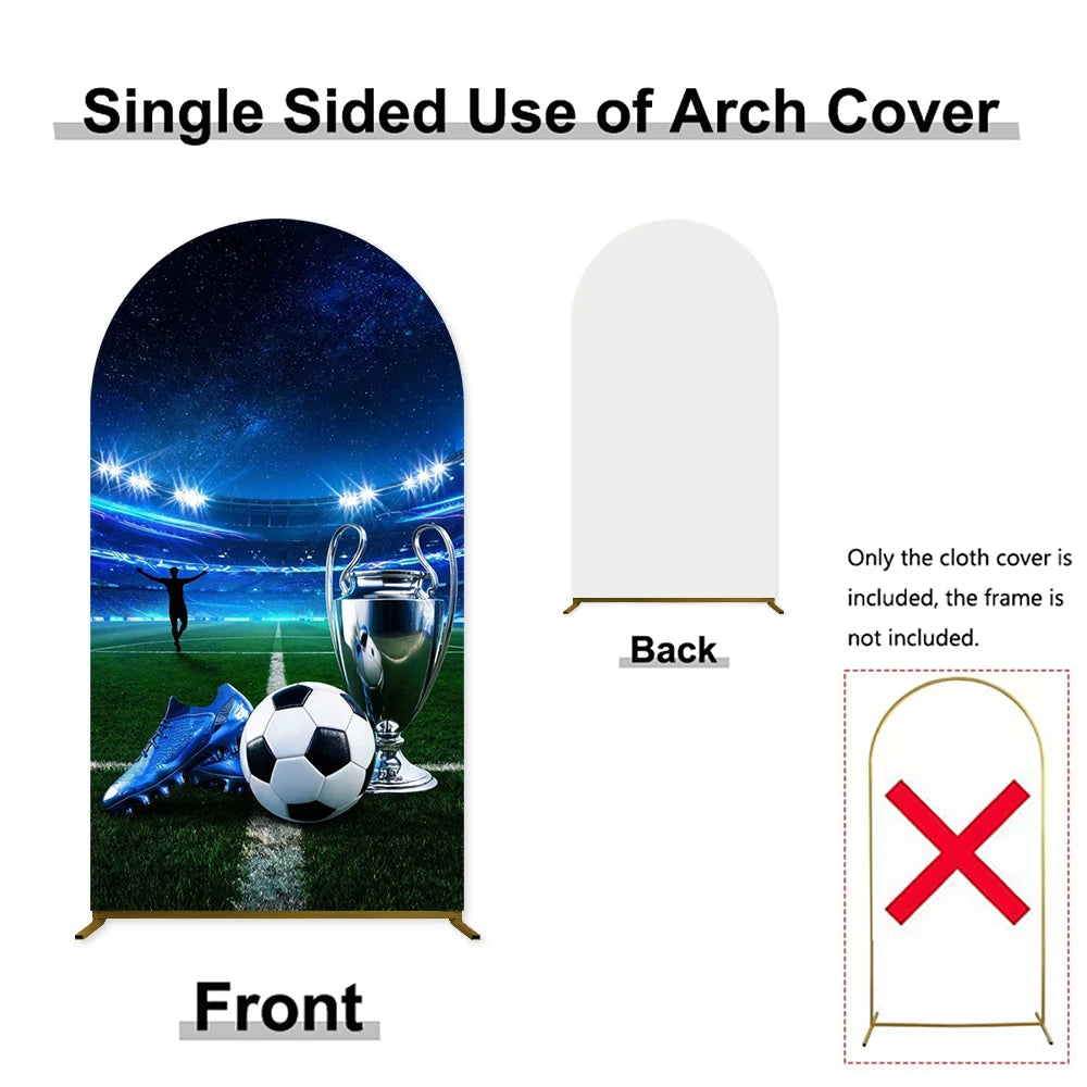 Single sided arch cover for a soccer football field backdrop, showing the front and back views.