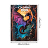 Couverture de livre de coloriage avec la silhouette d'un dragon féroce sur un fond de forêt sombre et vibrante.