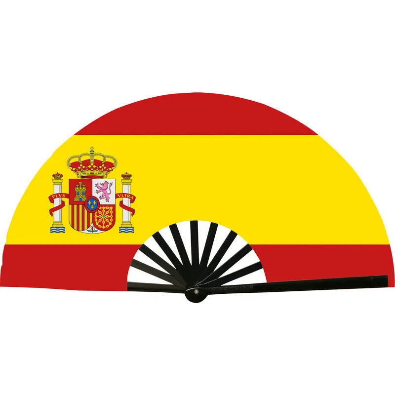 A Spanish flag colored red and yellow, featuring a royal crown and coat of arms, used as a hand fan.