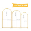 Three gold metal arched wedding backdrop stands of varying heights shown against a white background.