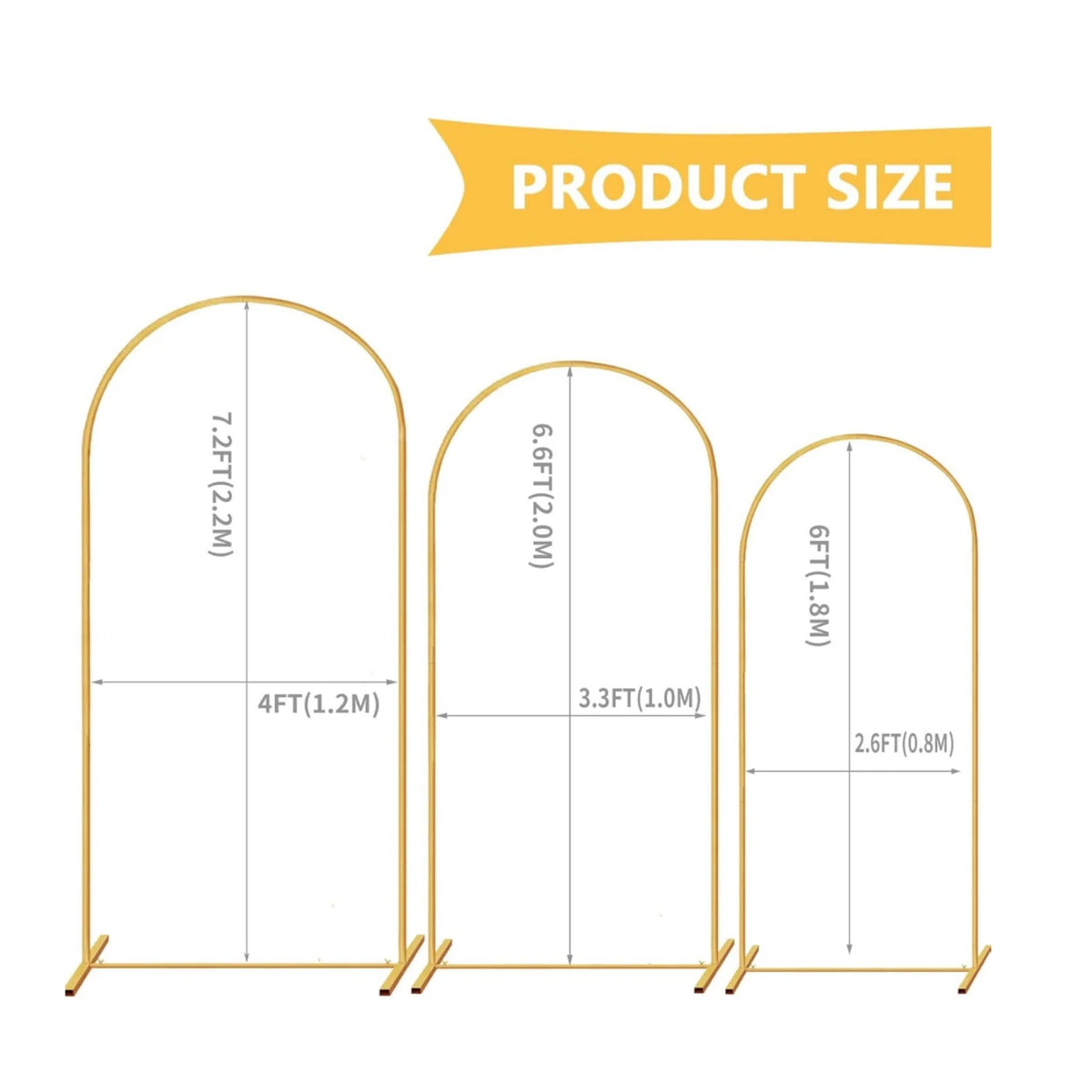 Three gold metal arched wedding backdrop stands of varying heights shown against a white background.