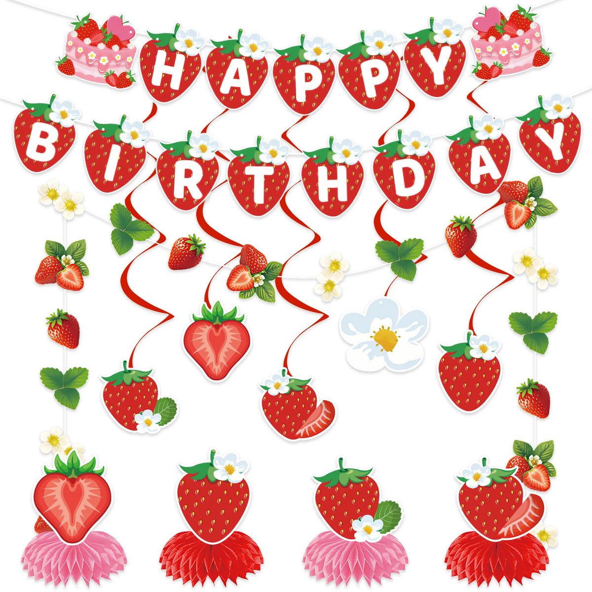 Strawberry theme birthday party decoration set featuring a banner and honeycomb ornaments