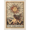 A vintage-style tarot card illustration featuring a woman with flowing hair and a radiant sun in the background.