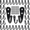 A set of black aluminum wall-mounted hooks with screws for hanging coats, towels, and bags.