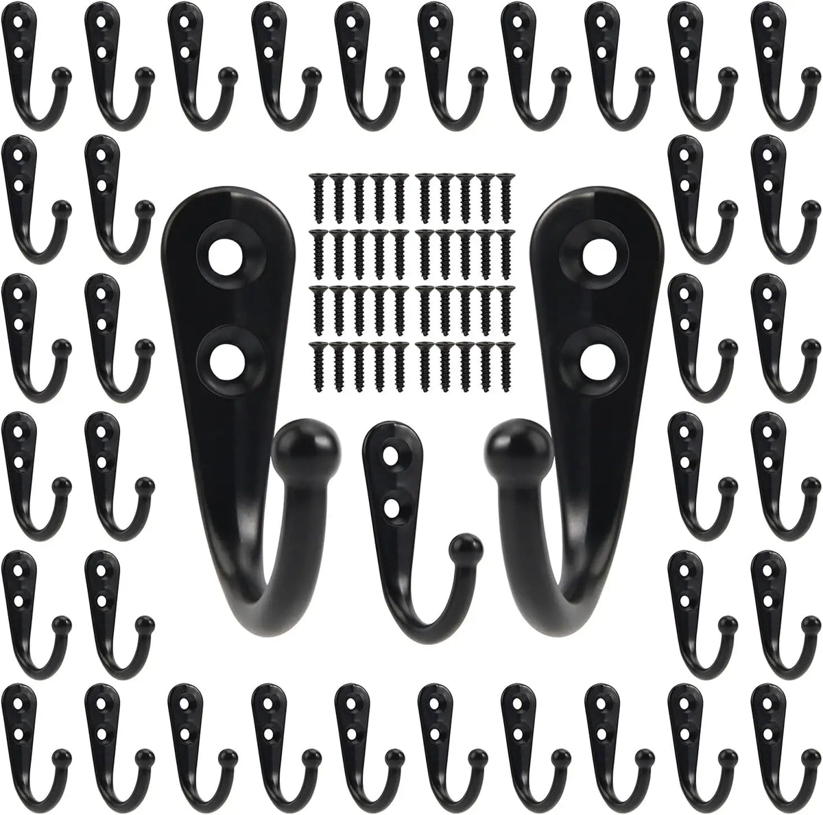A set of black aluminum wall-mounted hooks with screws for hanging coats, towels, and bags.