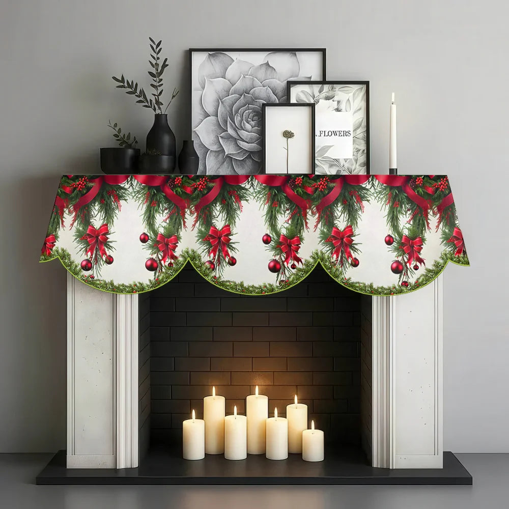Festive Christmas fireplace scarf featuring a pine and berry print displayed above a black fireplace.