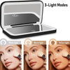 Portable touch screen makeup mirror with 3-light modes showing white, warm, and yellow light options.