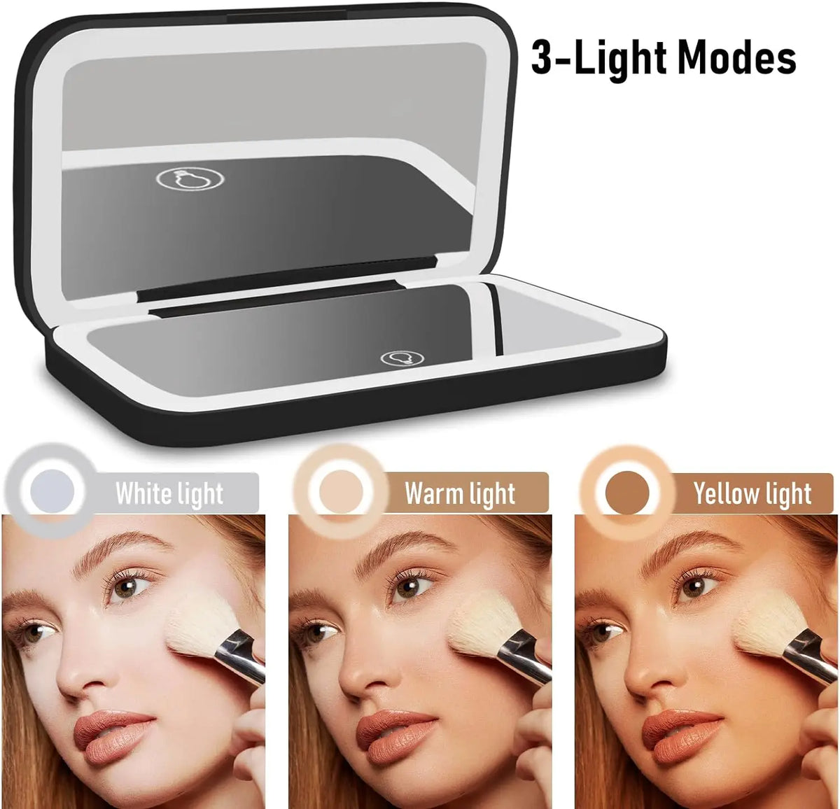 Portable touch screen makeup mirror with 3-light modes showing white, warm, and yellow light options.