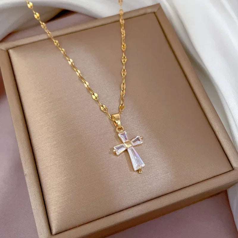 Gold Stainless Steel Crystal Cross Pendant Necklace