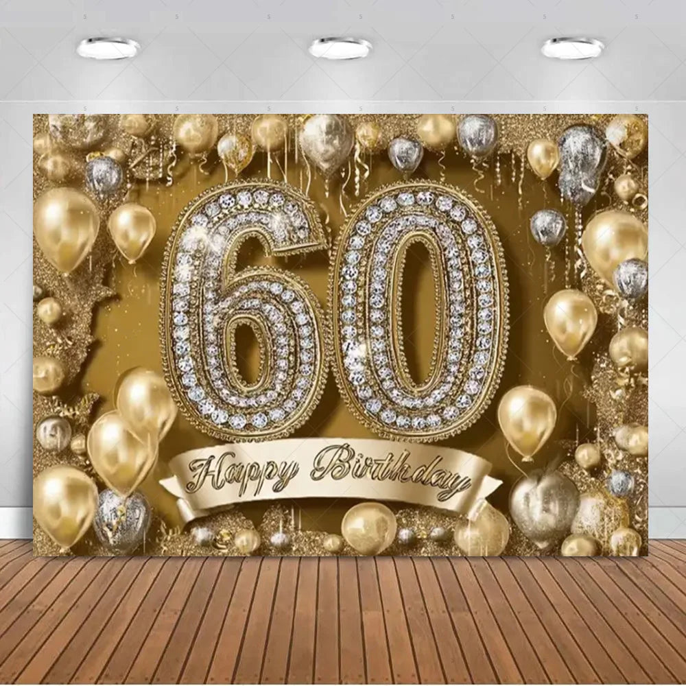 A luxurious gold and silver balloon backdrop with the number 60 and a happy birthday banner for a photo booth.