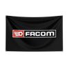 Black flag featuring the FACOM tools design logo in white and red on a black fabric.