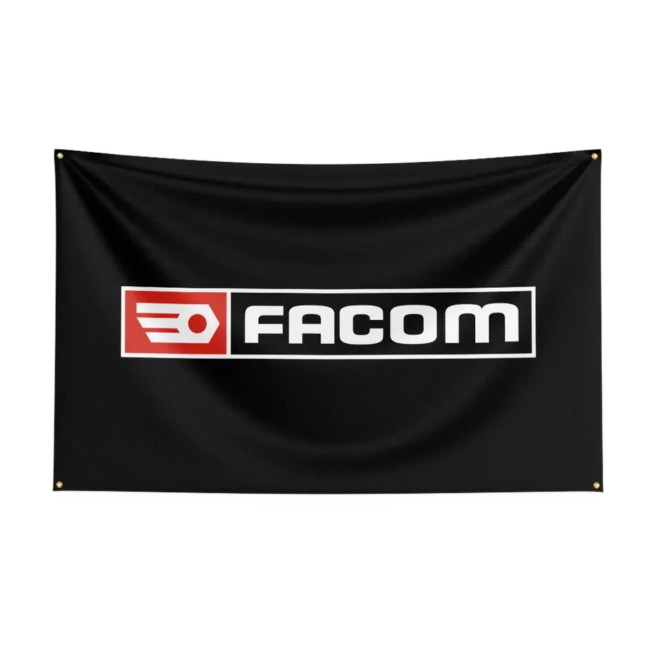 Black flag featuring the FACOM tools design logo in white and red on a black fabric.