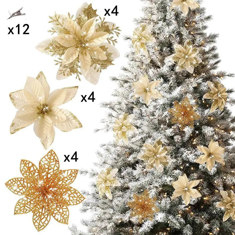 A collection of glittered artificial gold and cream flowers with clips displayed on a Christmas tree.