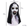 A realistic horror nun latex mask with white face, black veil, and yellow eyes.