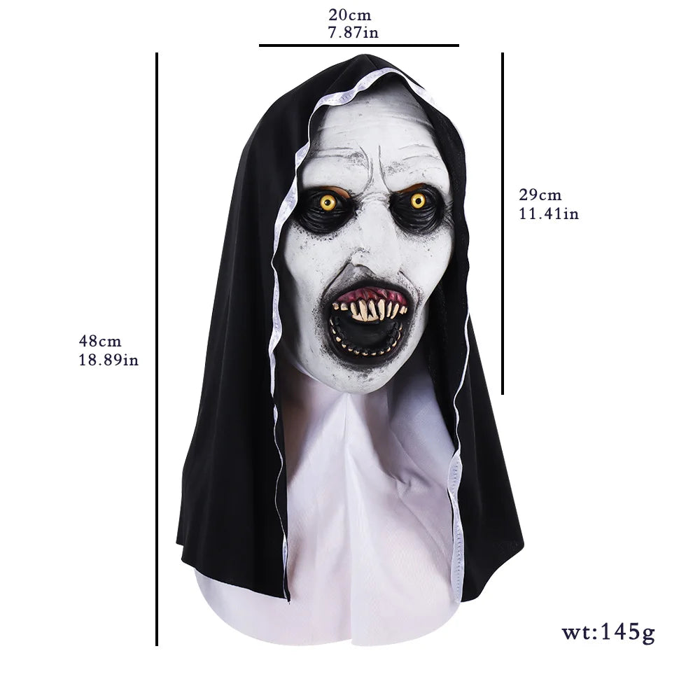 A realistic horror nun latex mask with white face, black veil, and yellow eyes.