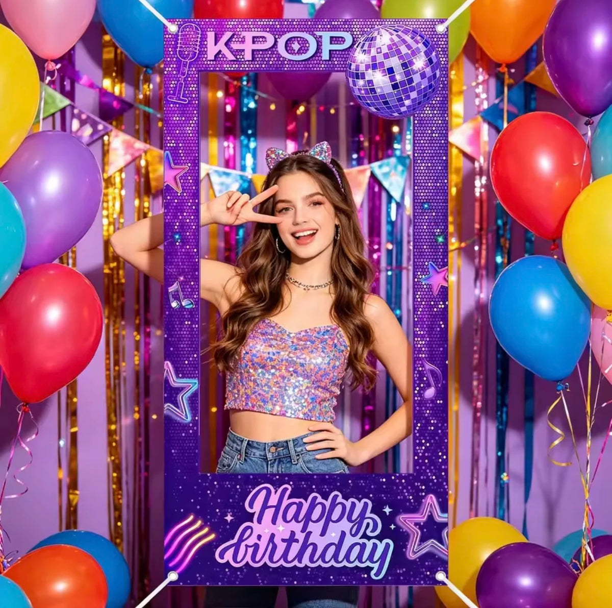 A young woman posing in a purple and gold balloon-decorated photo frame backdrop for a birthday party