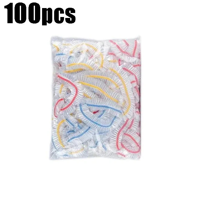 A pile of 100 disposable elastic bowl covers for food wrap in various colors like red, yellow, and blue.