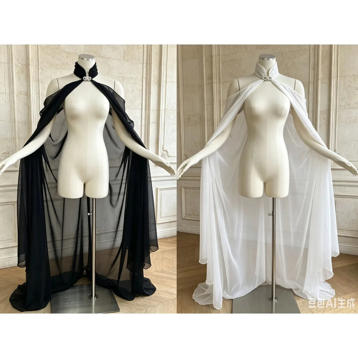 A white sheer chiffon cape with a black tie closure displayed on a mannequin.