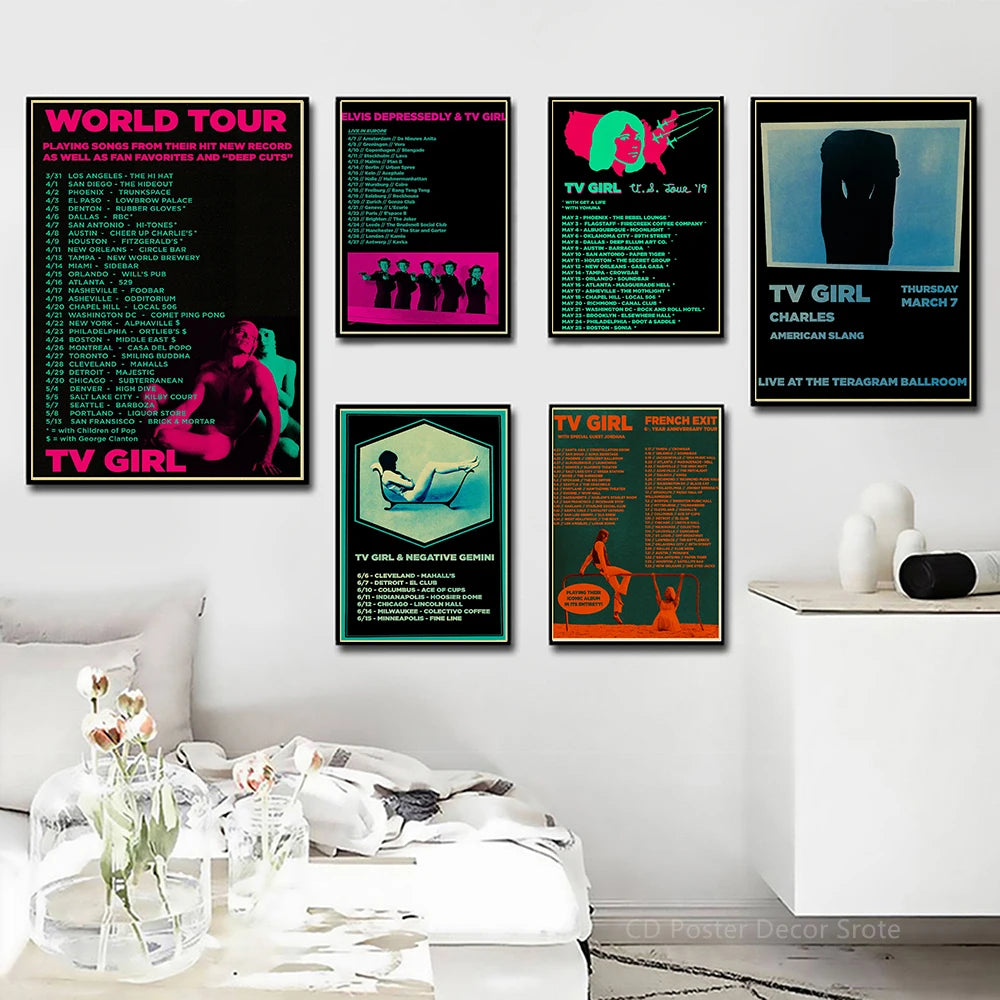 A collection of vintage posters featuring TV Girl and Elvis, including a French Exit print.