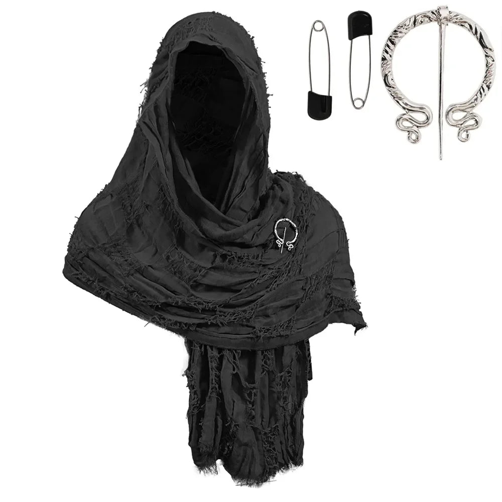 Black hooded cloak cape with Viking brooch and a silver horseshoe necklace