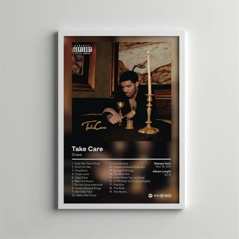 Album cover art for Drake's Take Care featuring a man in a dark shirt and a lit candle.