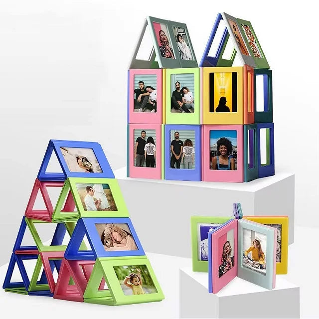 A collection of magnetic photo frames in various colors and sizes, including square and rectangular designs.