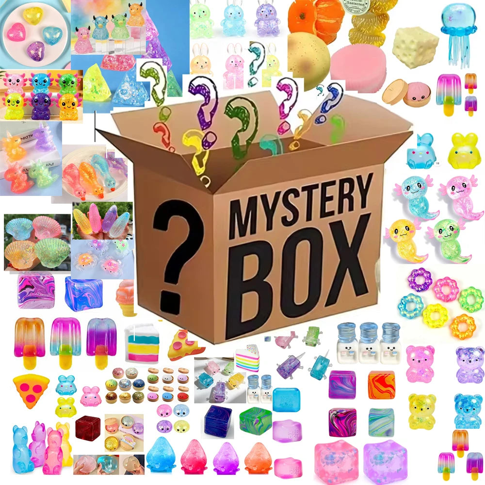 A large cardboard box filled with a variety of colorful squishy stress relief toys and mystery items.