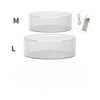 Clear acrylic cake stand display box shown in medium and large sizes with an inset of LED lights