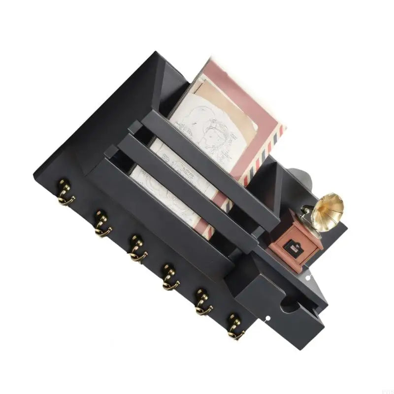 A black rustic wall-mounted organizer for mail and keys with a drawer.