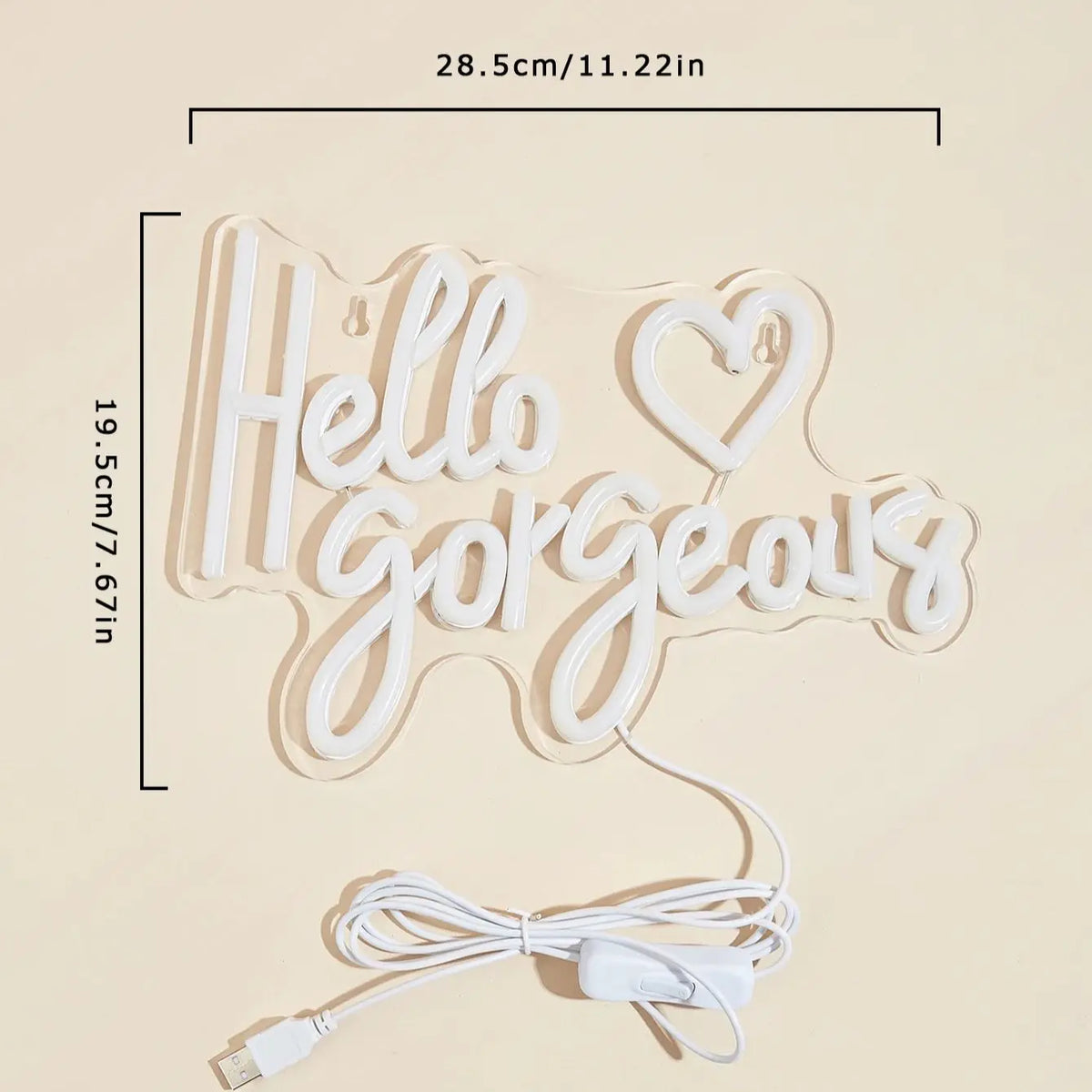 A white LED neon sign shaped like the words Hello Gorgeous with a USB power cord.