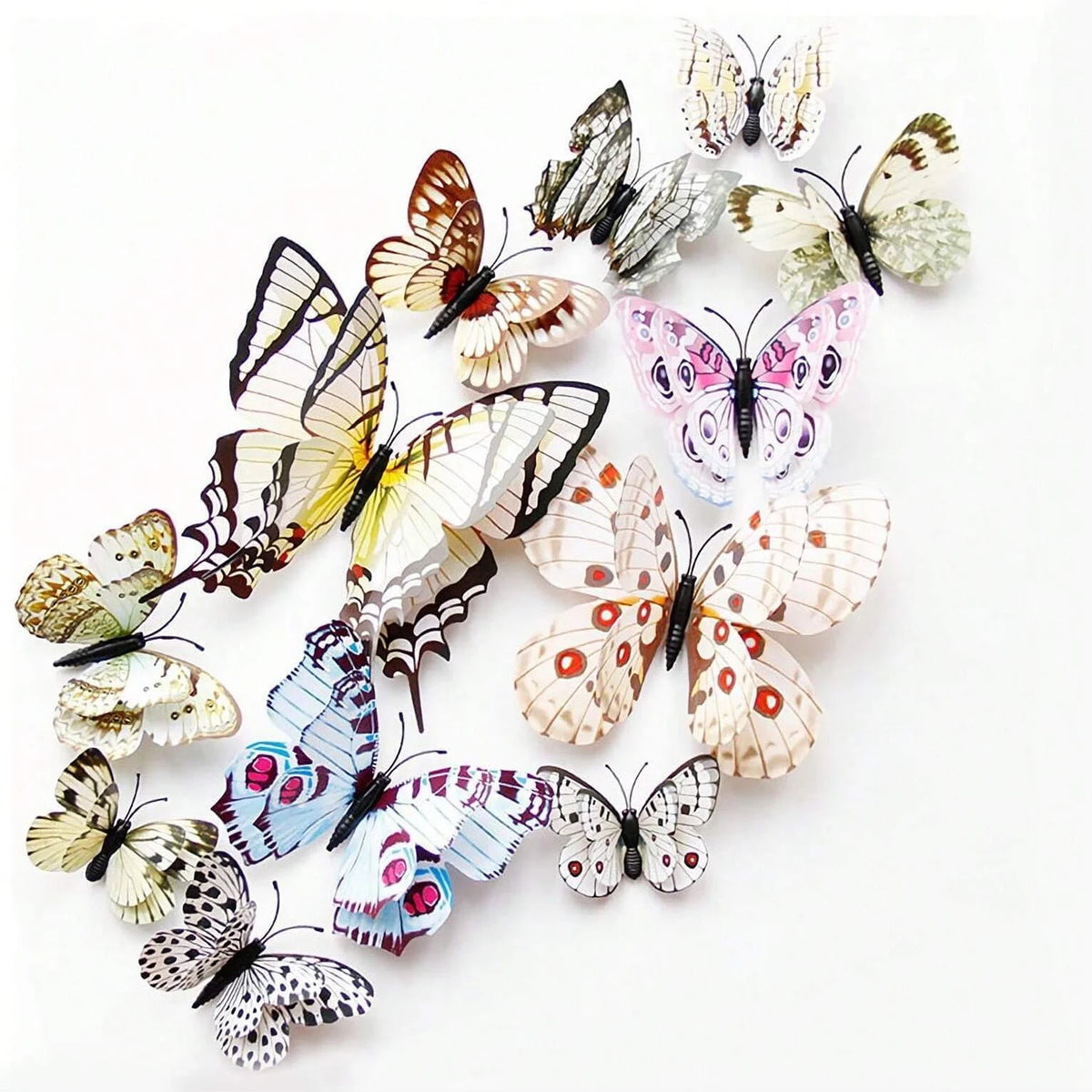 A collection of twelve colorful and patterned butterfly decorations for wall decor.