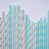 A pack of paper drinking straws featuring various combinations of blue, white, and gray stripes and polka dots.