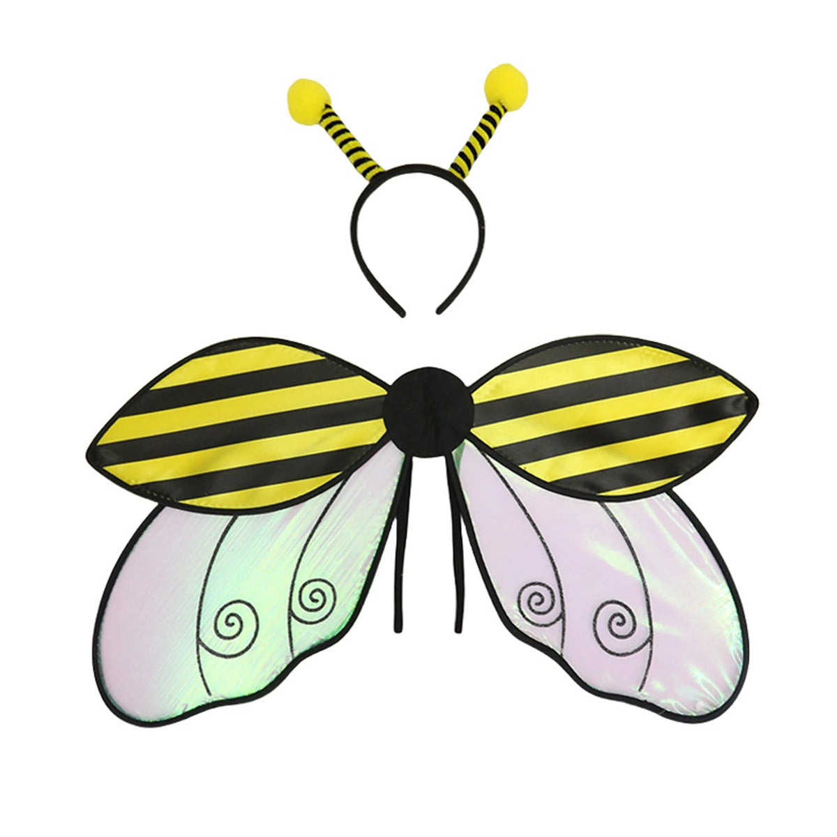 A headband with yellow and black stripes and a pair of iridescent insect wings.