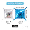 Set of 51 double-sided square foil balloons, Side A silver and Side B blue, measuring 46cm/18.1inch each.